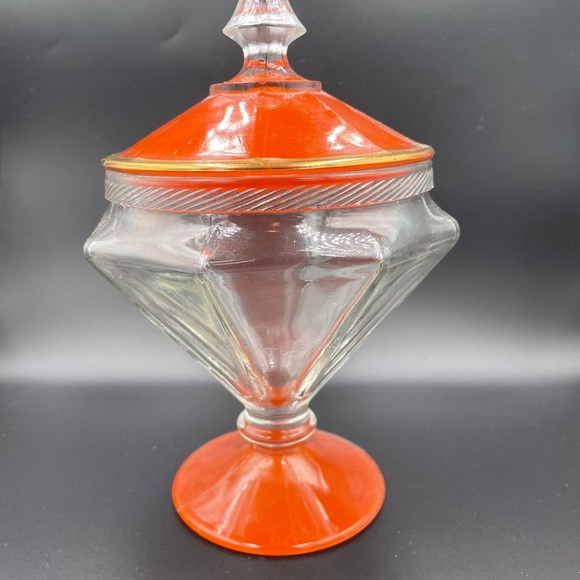 Mid Century Clear Glass Candy Dish w/Orange glass lid - Picture 4 of 11